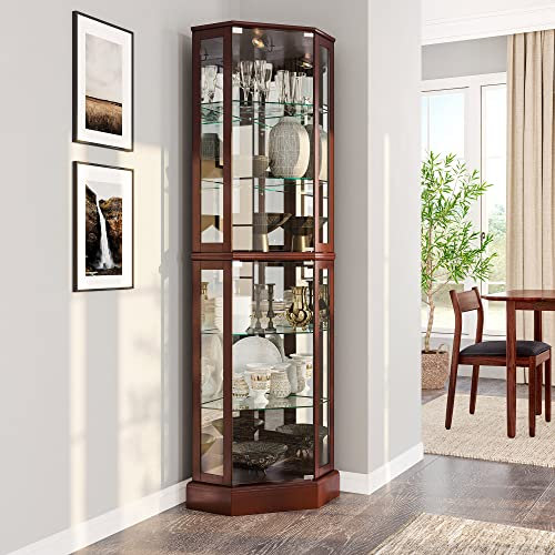 BELLEZE Lighted Corner Display Curio Cabinet,72 Tall Wooden Curved Shelving Unit with Tempered Glass Door, Bar and Liquor Storage Area with 6 Shelves - Ashfield (Walnut)