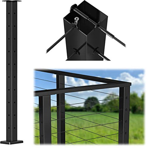Muzata Black Corner Cable Railing Post 36 Inch 36x2x2 T-drilled One-Post Corner Solution Surface Mount Stainless Steel Cable Railing System Kit Indoor Outdoor with Paper User Guide PS02 B34S
