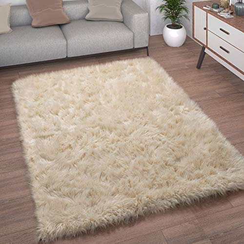 Paco Home Kunstfell Fellteppich Imitat Teppich Hochflor Sitzkissen Herzform Rund Fell Form, Grösse:120x170 cm, Farbe:Creme