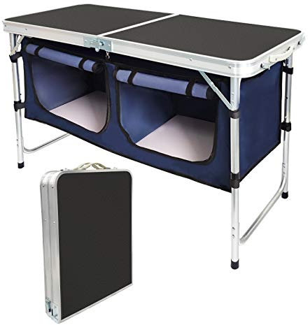 CAMP SOLUTIONS Outdoor Folding Table, Camping Folding Tables with 3 Adjustable Height Legs and Storage Organizer for BBQ, Party, Picnic, Camping (Black)