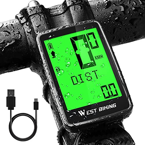 Fahrradcomputer USB Aufladbar, Fahrrad Kilometerzähler Tachometer Kabellos IPX7 Wasserdicht, Fahrradtacho 5 Sprachen Radcomputer mit LCD-Display Multi-Funktion, Automatisches Aufwachen