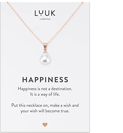LUUK LIFESTYLE Halskette aus Edelstahl mit Anhänger und HAPPINESS Spruchkarte, Freundschaftskette, Geschenk zum Geburtstag, Damenschmuck, Silber, Gold, Rosé