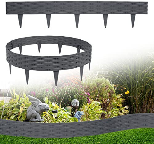 UISEBRT Borde para césped de plástico de 20 m, cercado para jardín, bordes de parterres, aspecto de ratán, palisadas, decoración para jardín, color antracita