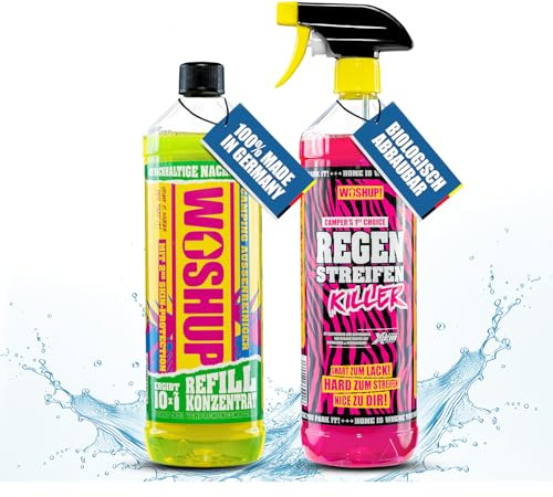 WOSHUP! Wohnwagen Reiniger mit Xtra Skin Schutzfilm 1L Konzentrat + 1L High Power Regenstreifen Killer Auto Reiniger für Camping, Caravan, Wohnmobil, Markise, GFK und Aluminium