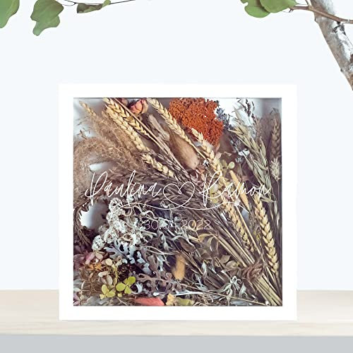 Rahmen für den Brautstrauß | Monochrom | bunt und individuell mit Spruch und Namen | Hochzeit | Blumen | Dried Flower | Erinnerung | Deko | Wanddeko (35 x 35 cm, Schwarzer Rahmen)
