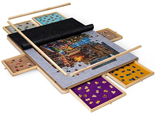 LAVIEVERT Portable Wooden Jigsaw Puzzle Board with 2 Puzzle Mats Cover, 6 Color Drawers, Removable Protective Bars, Detachable Frame Design and Smooth Surface for Up to1500 Piece Puzzles