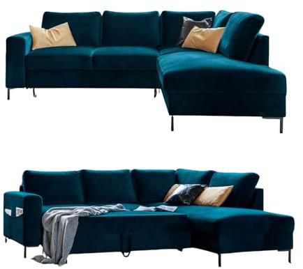 MIUFORM Lofty Lilly mit Bettfunktion| 6 Sitzer Ecksofa | L-form rechts | 237 x 197 x 84cm | Klappsofa mit Schlaffunktion | Schlafsofa klappbar (Velour Petrolgrün)
