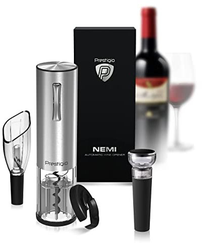 Prestigio Sacacorchos eléctrico – abridor de botellas de vino con batería – Regalo Juego de vino con cortador, Tapón de vino y decantador en caja de regalo (Nemi - Silver)