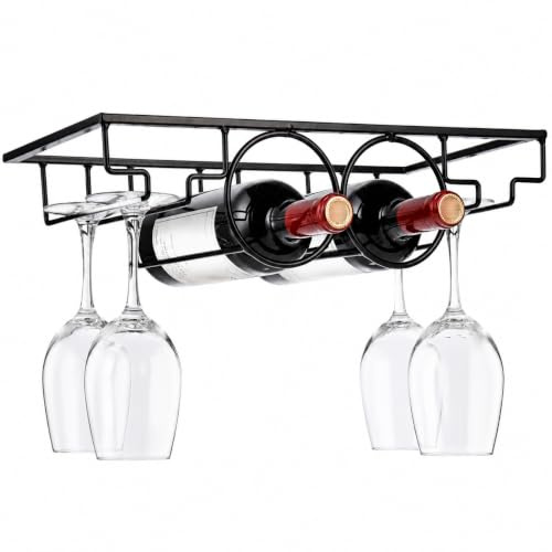Pumtus Wine Rack Glass Holder, Under Cabinet Wine Bottle Holder Stemware Rack, Metal Wine Bottle Display Holder Glasses Storage Hanger, Kitchen Organization for Bar, Kitchen, Black