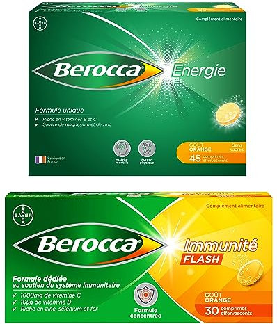 Berocca® Immunité Flash Sélénium, Fer + Berocca® Energie Orange - Multivitamines et Minéraux - Vitamine C et D - Zinc - Complément alimentaire 30 + 45 cp effervescents