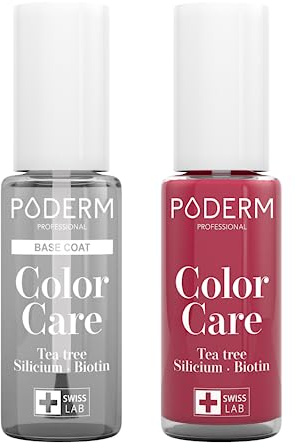 PODERM - LOT 2 PRODUITS | SOIN VERNIS PROFESSIONNEL | Base Coat Tenue Parfaite + Vernis ROUGE ROSE Tea Tree | Prévention & Traitement des Ongles Jaunes/Abîmés | SOIGNE & COLORE | Swiss Made