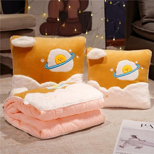Hixingo Reisedecke und Kissen 2 in 1, Reisedecke mit Kissen Set Multifunktionale Reise Decke und Kissen 2 in 1 Weichem Flugzeug Verwandlungskissen für Urlaub, Camping (35 * 35cm,Gelbes Omelett)