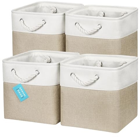 OrganiHaus Aufbewahrungsbox 28x28cm 4er-Set, Würfelkörbe aus Stoff mit Seilgriffen, Faltbare Aufbewahrungswürfel für Kallax Organizer, Ablagekörbe für das Kinderzimmer Beige/Weiß