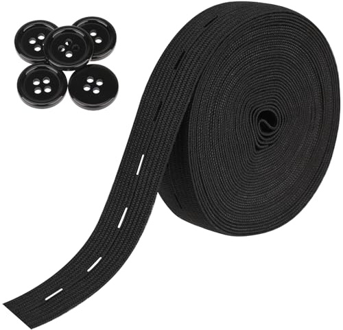 Platt sömnadsband med knapphål, 3/4 tum elastiskt band band band snöre hög elasticitet stickat tygband spole byxa midjetätare för kläder, peruk, bälte, gör-det-själv hantverk sytillbehör (svart, 5,5