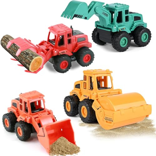 Drufoful 4er-Pack Baufahrzeuge Spielzeug, Baustellenfahrzeuge Kinder, LKW Bagger Spielzeug, Baufahrzeuge Kinder 3-12 Jahre, Unisex