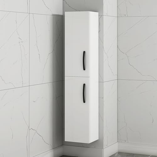 Royal Bathrooms Turin 1450mm Gloss White 2 Door Wall Hung Tall Boy Bathroom Cabinet Storage Unit Black Handle