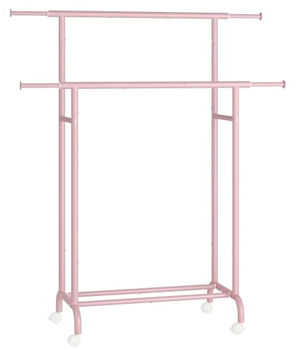 SONGMICS Kleiderständer auf Rollen, doppelte Stangen, ausziehbare Kleiderstangen, Garderobenständer aus Stahlrohren, bis 80 kg belastbar, 83-120 cm breit, pastellrosa HSR133R01