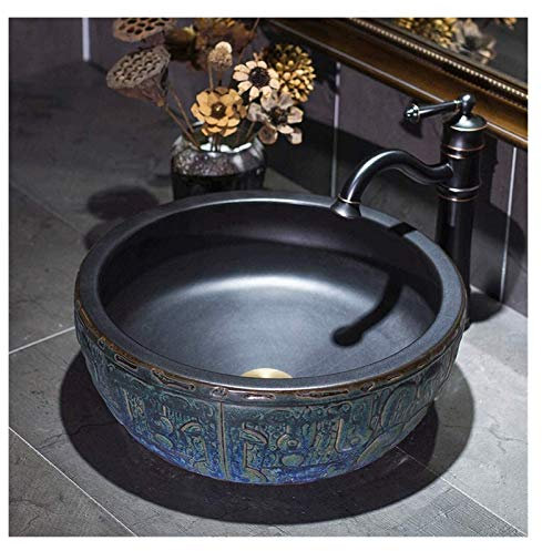 Waschtischunterschrank mit Waschbecken, Badezimmer-Waschtischgefäße, Waschbecken, Aufsatzwaschbecken, rundes Badezimmer-Waschbecken aus Keramik, Vintage-Stil, 16 Zoll, kunstvoll, ü
