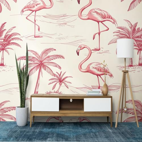 Papel pintado fotográfico rojo con hojas de palma tropicales y flamencos, 350 x 256 cm (ancho x alto) para sala de estar, dormitorio, oficina y habitación de los niños, fácil de instalar