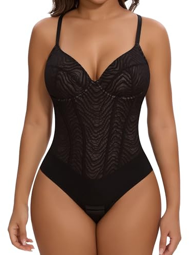 SHAPERIN Donna Body Contenitivo Pancia Piatta Pizzo Scollo V Snellente Shapewear Bodysuit Perizoma Intimo Modellante Corsetto Nero L