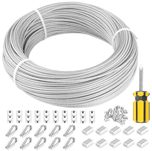 NAMYEUT 70 m de Cable de Acero de 2 mm, Cuerda de Alambre de Acero Inoxidable 304, Juego de 10 Abrazaderas de Cable, 10 Guardacabos y 8 Casquillos de Aluminio