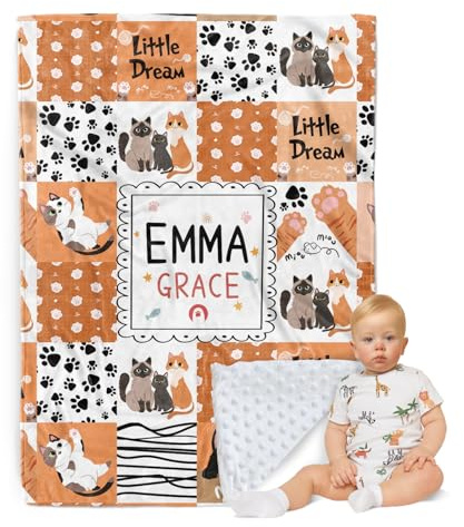ZOTIMEF Personalisierte Babydecke - Individueller Name mit Tiermotiven Karo-Design - Patchwork Weiche Kuscheldecke mit Doppellagiger Gepunkteter Rückseite für Jungen Mädchen Geschenke Farbe03-Katze