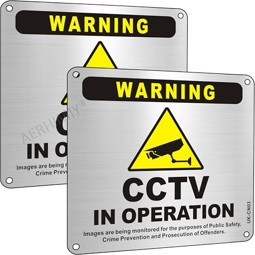 2 Pack CCTV in Operation Sign Metal with Self Adhesive, 5.9x5.9 Inches CCTV Warning Signs Brushed Aluminum