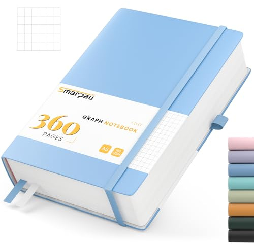 Smarpau A5 Graph Paper Notebook, Squared Notebook 360 Pages 100GSM Thick Paper for Writing, Leather Journal for Women Men Work School Office - 14.5 x 21cm, Light Blue