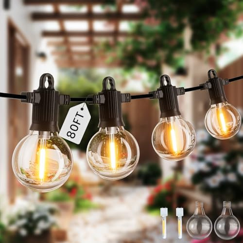ZOTOYI Festoon Lights Outdoor IP65 Waterproof, 24M/80FT Outdoor Garden Lights Mains Powered with 35+2 G40 Shatterproof Energy Saving LED Bulbs, 2700K Warm White Pergola Courtyard Light