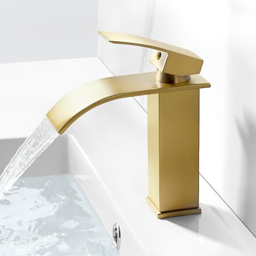 kisimixer Wasserhahn Bad Wasserfall Waschtischarmatur Gebürstetes Gold, Einhandmischer Armatur Waschbecken mit Auslauf Höhe 115mm, Mischbatterie Waschbecken Armaturen Badezimmer, Wassersparend