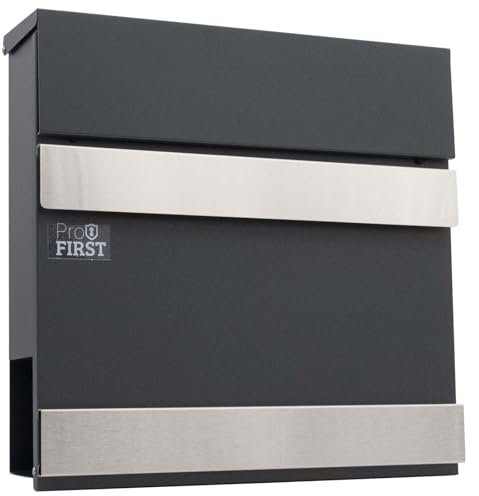 Profirst Modena - Cassetta della posta in acciaio, con serratura a cilindro, 2 chiavi, grande capacità, scomparto per giornali, materiale di fissaggio incluso