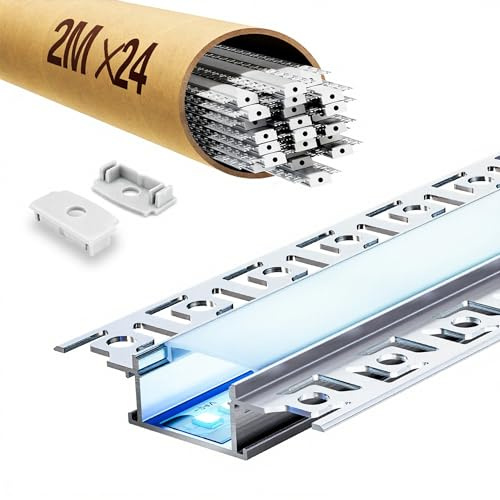 KOSOOM 2m x 24 Stück LED Trockenbauprofil 64mm x 13,6mm,mit Weiße Lichtdiffusor‑PC‑Abdeckung,Aluprofil unterstützt Led‑Streifen mit einer Breite von 20mm
