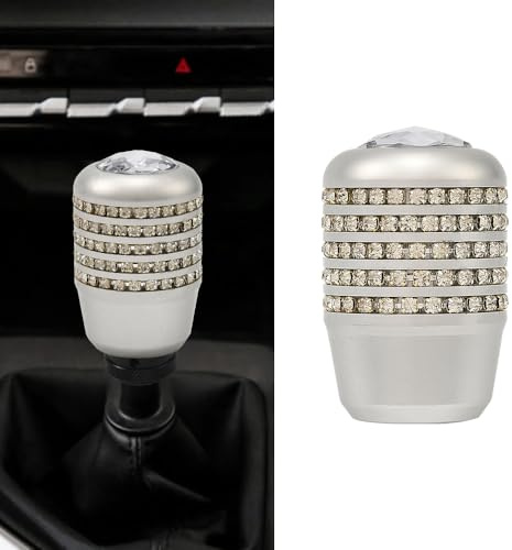 Blueshyhall Auto Schaltknauf Glitzer, Universal Schaltknauf mit Diamant Strass für Automatik Manueller Wagen, Bling Auto Schaltknauf Tuning aus Aluminium mit 8mm/10mm/12mm Gummi Adapter (Silber)