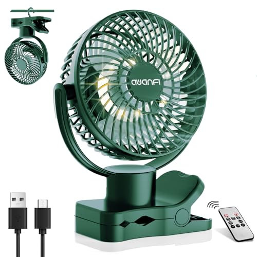 AWANFI 10000mAh USB Ventilator Aufladbarer, Mini Ventilator mit Fernbedienung, Clip y Haken, 360° Oszillation, Ventilator Klein mit LED Licht, Tischventilator USB für Camping, Zuhause, Büro