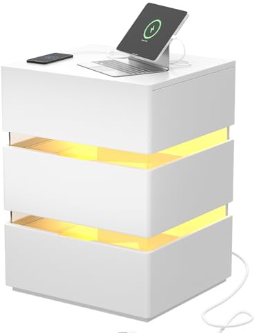 LEADZM Nachttisch mit LED-Beleuchtung Ladestation Weiß | 16 LED Farben, und USB-Anschlüssen,3 Schubladen Beistellschrank Nachtschrank