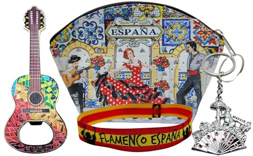 Porte-monnaie Flamenco en tissu avec décapsuleur, porte-clés et bracelet en tissu brodé. Motifs joyeux d'Espagne et de flamenco., Flamenco, guitare, Espagne, Classique