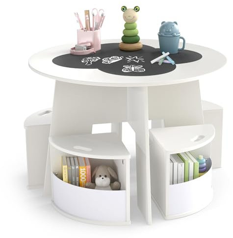 COSTWAY Kindertisch und Stuhl Set rund, 5 teilige Kindersitzgruppe aus Holz mit 4 Stauraumhocker & Kreidetafel-Tischplatte, Maltisch für Kinderzimmer, Sitzgruppe für Kinder ab 3 Jahren (Weiß)
