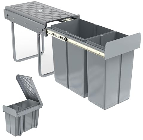 VA-Cerulean 2 Fächer Einbaumülleimer System, Grau, 48 x 26 x 41,8cm Herausnehmbare Eimer Mülltrennsystem, 20+10 Liter Abfallsammler Ausziehbarer Mülleimer mit Teleskopschienen