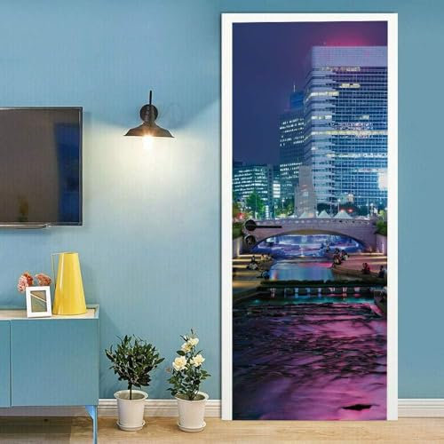 3D Türtapete Selbstklebend Stadtnachtlandschaft 90 X 200 Cm Diy Wandbild Pvc Wasserdicht Pvc Türtattoos Türposter Türaufkleber Fototapete Türfolie Für Tür,Wohnzimmer,Schlafzimmer - Türkuns-1495076288