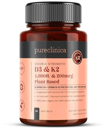 Double Strength Vitamin D3 + K2 (MK-7) – 4,000 IU D3 + 200mcg K2 x 90 Vegan Softgels – Plant-Based Lichen D3 & Natto MK-7 – Enhanced Absorption with MCT Oil - 3 Months Supply