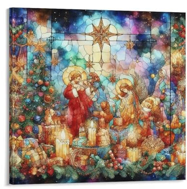 Religion Jesus Kirche Engel Bibel Buntglas Weihnachten Leinwanddruck Bilder Kunstwerk Dekoration Leinwand Wandkunst fertig zum Aufhängen für Wohnzimmer, Badezimmer, Schlafzimmer, Büro
