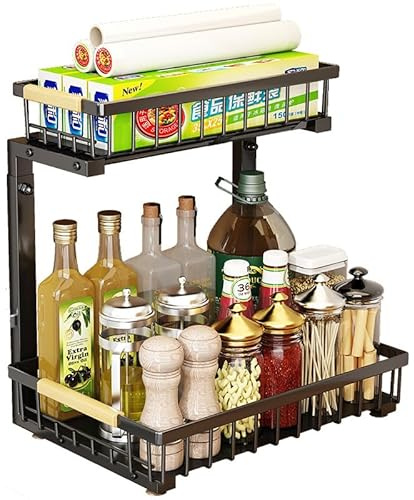 Rangement Sous Evier Cuisine, Métal Organisateur Sous Evier Cuisine Forme en L, Etagere Sous Evier Rack, Rangement et Organisation de Cuisine pour Cuisine Salle de Bain, 11.8x15.7x16.5-19.2, Noir
