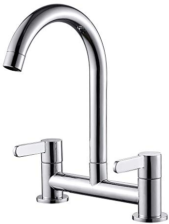 Dual Lever Kitchen Sink Mixer Taps 2 Hole Kitchen Faucet 360° Swivel Spout Sink Mixer Tap Deck Mounted Taps Cold and Hot Tap 1/4 Turn with UK Standard Fittings(Style 1)