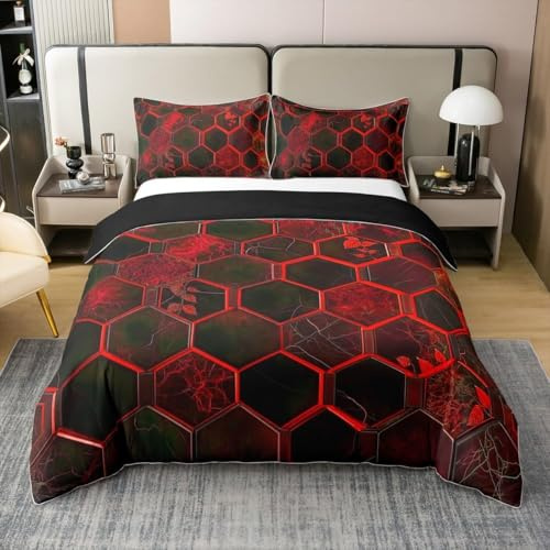 richhome Pein d'miel Housse de Couette 220x240cm 100% Coton Rouge Noir Ensemble de literie pour Enfants garçons Filles décor géométrie Moderne Hexagon thème Parure de Lit Géométrique