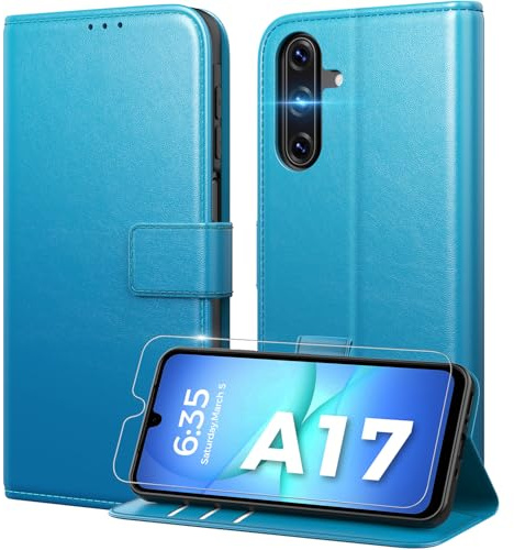 Peakally Handyhülle für Samsung Galaxy A17 5G Hülle [Mit 1 Stück Panzer Schutz Glas] [Premium PU Leder] [RFID-Blockierung] [Kartenfach] Klapphülle mit Galaxy A17 5G / 4G - Leuchtend Blau