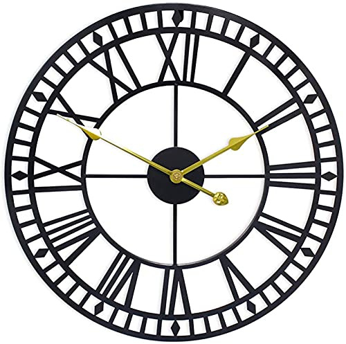 JPXXFM Relojes de Pared al Aire Libre para jardín, 60 cm, Reloj de Pared Negro Grande y Redondo, no Ticking y fácil Lectura, Funcionamiento de baterías para Cocina, baño, negro-40 x 40 cm
