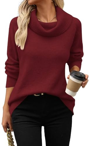 Hotouch Damen Pullover Elegant Strickpullover Locker Cable Knit Sweater Dünner Rollkragenpullover Langarm Rolli Weinrot L