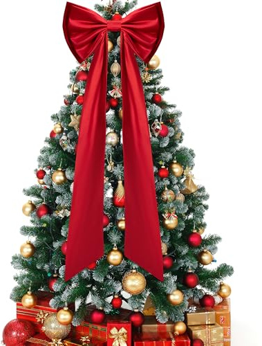Iceyyyy 52.2 x 15.5 Inch Christmas Tree Topper Red Satin Bows,Double Layer Extra Large Tree Topper Ornament Bow,Giant Red Christmas Tree Bow for Indoor Outdoor Holiday Party Home Decor