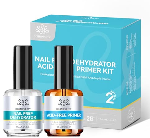 BORN PRETTY Nail Dehydrator and Primer, Natural Nail Prep Dehydrate and Acid-Free Primer 15ml*2, Air Dry Superior Bonding Nail-Primer for Acrylic Powder Supplies Set