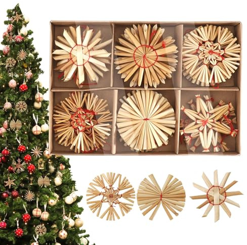 WIKIMO 24-teiliges Strohsterne Set für Christmas Decorations, Natürliche Strohhalme Baumschmuck Weihnachtsdekoration, Christmas Tree Ornaments